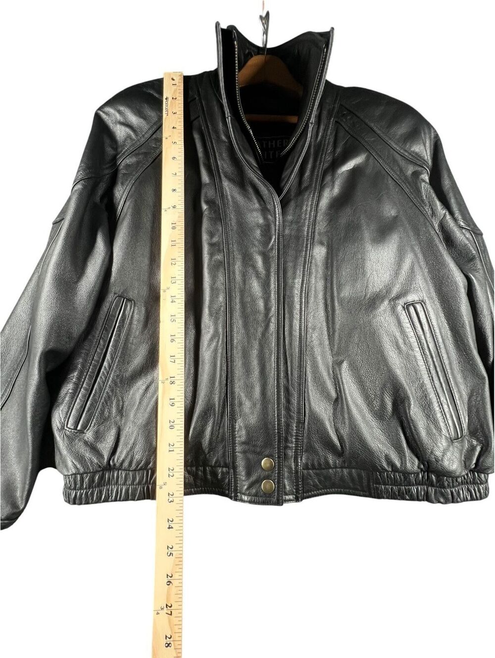 Black Genuine Leather Bomber Jacket Funnel Neck Zip Out Liner 90s - Picture 6 of 8